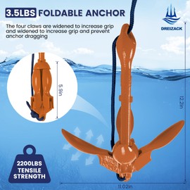 Dreizack Kayak Anchor Kit, 3.5 lb Folding Grapnel Boat Anchor Trolley Accessories with 40ft Rope and PVC Buoy for Fishing Kayaks SUP Paddle Boards Canoes Jet Ski PWC Inflatable Small Boats, Orange