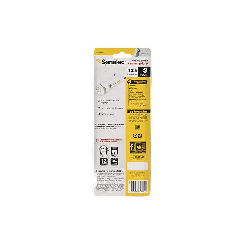 SANELEC, Linterna Portátil Recargable, 10 horas de Luz Continua, 1.7