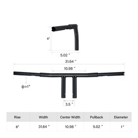 TCT-MOTORPARTS 1 1/4'' 8" Rise T-Bars Handlebar Fit For Harley Sportster XL Softail Dyna Street Bob FLST FXST Custom Bar