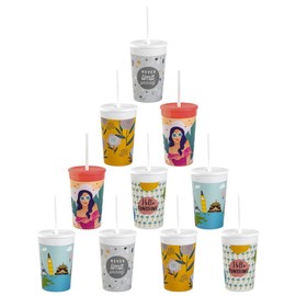 Engelland 10 x Plastic Cups with Lid and Straw, BPA-Free, Colourful Mix, Drinking Cups, Party Cups, Plastic, Drinking Glasses, Reusable, 0.33 L