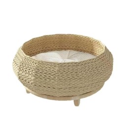 SHENGOCASE Extra Large Handwoven Paper Rope Wicker Rattan Pet Cat Dog Nest Basket Bed, Elevated Couch with Wooden Base, Cozy Cushion for Maine Coon, Indoor