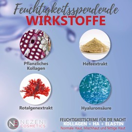Kollagennährende Nacht-Gesichtsfeuchtigkeitscreme | 11 Wirkstoffe | Erhöht die Kollagenproduktion | Nährende Gesichtscreme für normale Haut, Mischhaut und fettige Haut. GERING AN KONSERVIERUNGSSTOFFEN