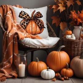 Fuasei Fall Pumpkin Pillow Covers - 18x18, Autumn Leopard Bow Pillow Covers for Thanksgiving & Fall Decor