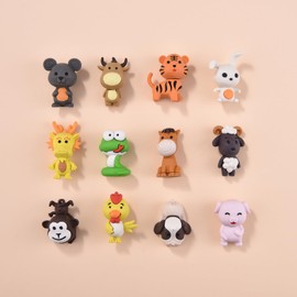 KUNFOWL 12 Pack Animal Erasers for Kids, 3D Puzzle Eraser for Boys Girls, Chinese Zodiac Erasers for School Supplies Prize Gifts Party Favors