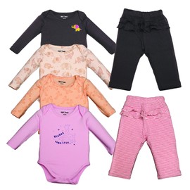 Baby 100% Cotton Bodysuit and Pant Multipack, 6-Piece Set (Multi Colour, 3-6 Months)