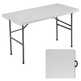 Simple Deluxe 4 FT Foldable Table with Built in Handle & Steel Legs, Heavy Duty Portable Table, Folding Table Outdoor Indoor with Carrying Handle for Camping, Picnic, Party, White