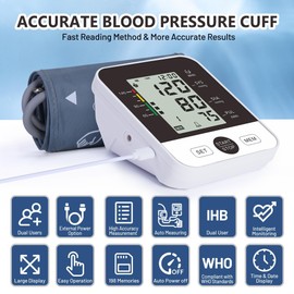 ARM-TYPE Electronic Blood Pressure Monitor Machine for Home Use, Automatic Digital BP cuff with Large LCD Display, 2x99 Memory, Adjustable Upper Arm Cuff 22-44cm (Black)