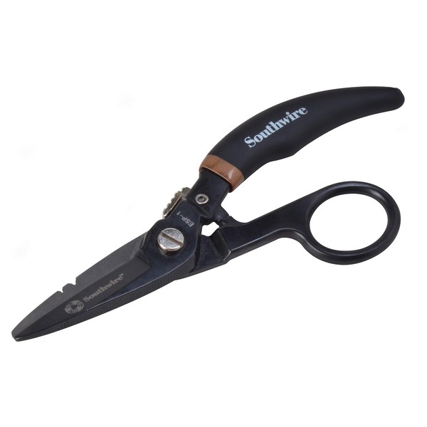 Southwire - ESP-1 Tools & Equipment ESP1 Electrician Scissors DataComm Snips, Durable Serrated Blade, Built in Notches, Precise Control, Textured Grip Handle for Added Comfort, Nickle Finished Plate