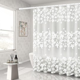 WOODFIB Shower Curtain, 100% PEVA Waterproof Anti-Mould Proof Resistant, Quick-Drying, Washable Bathroom Curtain, Includes 12 Pcs Curtain Hooks, 180 x 180 cm (White Flower)