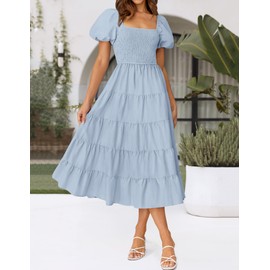 ZESICA Women's 2024 Summer Square Neck Short Puff Sleeve Solid Color High Waist Casual Smocked Flowy A Line Tiered Midi Dress