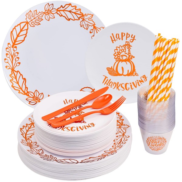isfangco 175PCS Thanksgiving Plastic Plates Disposable Dinnerware Set Leaves White Dinner Plates Gold Turkey Pumpkin Dessert Plates Orange Silverware Give Thanks Cups Orange Straws for 25 Guests Party