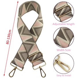 922 Adjustable Shoulder Strap Bag Strap Wide 5 cm Beige Pink Grey Khaki Bag Straps Wide for Changing with Carabiner Gold, 80-130 cm Shoulder Strap Bag for Women Shoulder Strap Handbag
