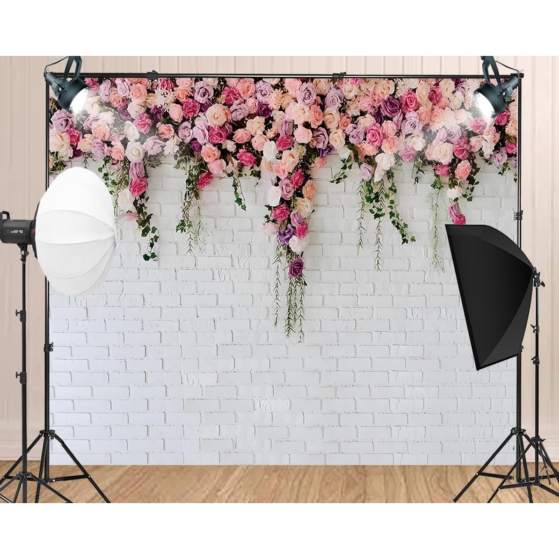 7X5ft Fabric White Brick Wall with Flowers Backdrop Wedding Bridal