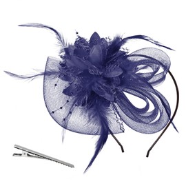 Song Qing Women's Fascinators Tea Party Hat Church Cocktail Derby Hat Wedding Feathers Mesh Headband Headpiece Navy Blue