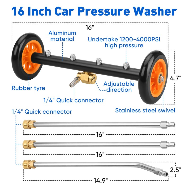 2-in-1 16' Undercarriage Pressure Washer Water Broom, 4000PSI Under Car