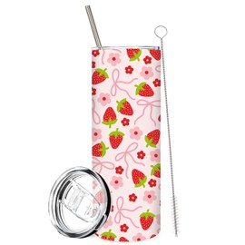 FYSUIMU 1Pc Strawberry Bow Tumbler with Lid Straw 20oz Pink Bowknot Flower Stainless Steel Travel Tumbler Cup Boxed for Coquette Wedding Iced Coffee