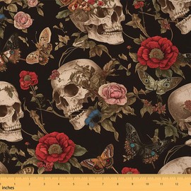 Feelyou Sugar Skull Rose Decorative Waterproof Outdoor Fabric 3 Yards Death Moth Fabric by The Yard Gothic Skull Floral Flower Upholstery Fabric for Chairs Outdoor Fabric Outdoor Fabric, Red