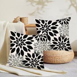 Smilyard Black Grey White Pillow Covers 16x16 Inch Set of 2 Dahlia Floral Decor Throw Pillows Spring Summer Modern Geometry Flower Outdoor Decorative Cushion Cases for Sofa Couch Bed Decorations