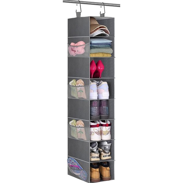 MISSLO 8-Shelf Hanging Shoe Organizer Clothes Closet Organizers and Storage Shelves Hat Holder with Large Shelf and Side Mesh Pockets for Hats Handbags Kid Sweater, Grey