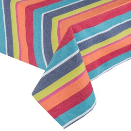 HOMESCAPES Cotton Table Cloth, Multi Striped Tablecloth, Square, Handcrafted & Durable Dining Table Cover with Hem Stitch, Hypoallergenic, Washable, Orange, Green, Blue, Yellow - 137 x 137cm