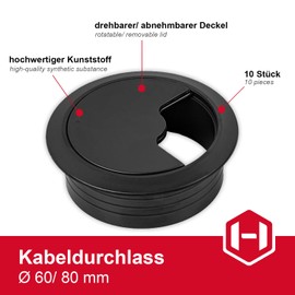 Gedotec Cable grommet desk made of sturdy ABS plastic, pack of 10 round cable passages, 60 mm, entry, cable box, matt black, cable guide for push-in, cable duct desk