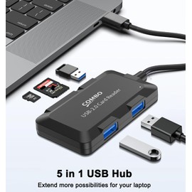 5 in 1 USB Hub with SD/TF Card Reader, USB Extender with 3 USB-A Ports for Laptop, PC, Desktop, Mouse, Keyboard, Projector and More(Black/3.3FT Cable)