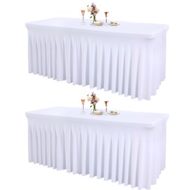 2 Packs White Table Clothes for 6 Foot Rectangle Tables, One-Piece Wrinkle Resistant Stretch Spandex Table Covers with Skirt for Event Banquet Wedding Birthday Party