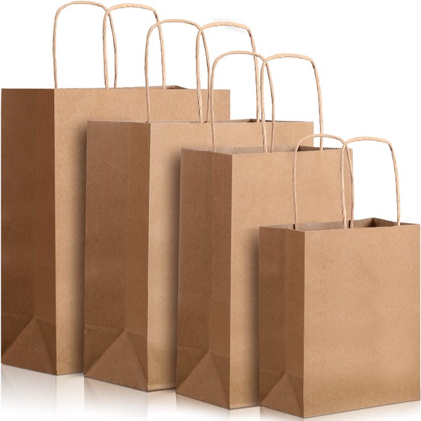 Eersida 100 Pcs Brown Paper Bags Bulk Mixed Size Gift Bags with Handles 6 x 4.5 x 2.5, 5.2 x 3.5 x 8, 10 x 5 x 13, 8 x 4.25 x 10 Inch, 25 Pcs Each, Wrap Bags Shopping Bags Merchandise Bags