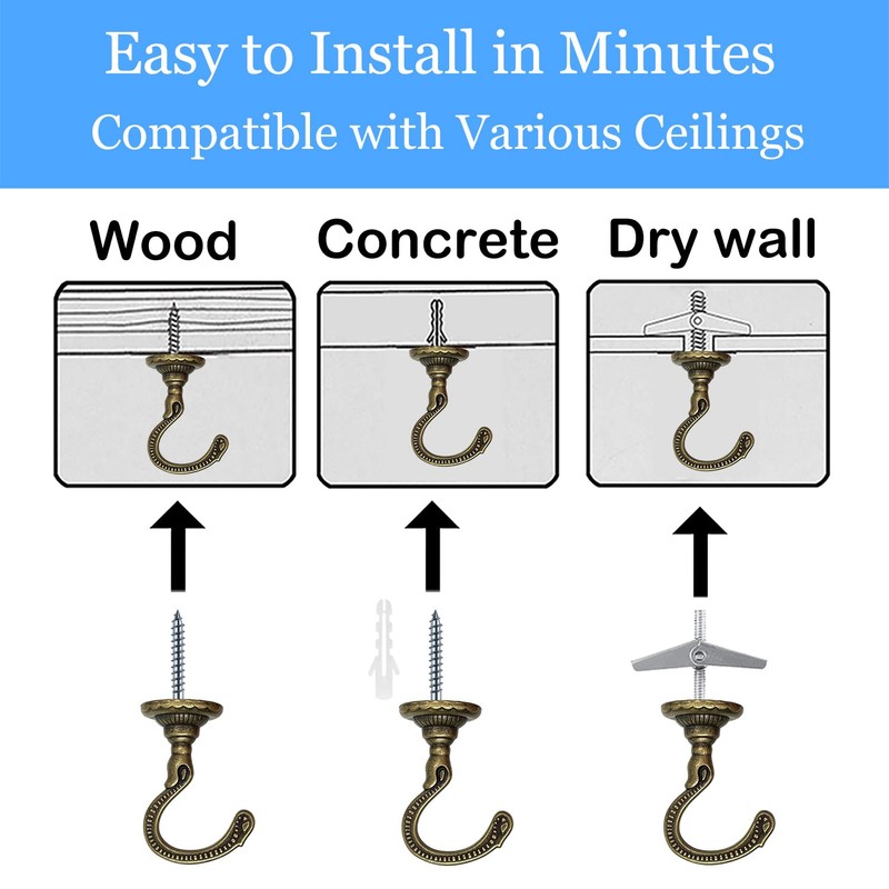 Evsteluo 4 Sets Large Swag Ceiling Heavy-Duty Hooks with Complete