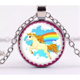 Fashion Jewelry RAINBOW UNICORN PRIDE 1" Large Round Pendant Charm Silver 20" Necklace Women Men