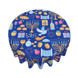 SLNFDKND Happy Hanukkah Jewish Festival Holiday Tablecloth Round Table Cloths Washable Holiday Table Cover Decorative for Kitchen Dinner Party One Size