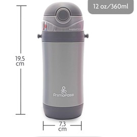 Insulated Straw Water Bottle | Kids Insulated Bottle | Thermos Bottle 12 Ounce Bottle - by Primo Passi (Gray)