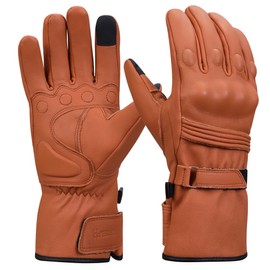 Harssidanzar Winter Motorcycle Gloves,Mens Long Gauntlet Leather Full Finger TouchScreen Thermal Lined With Thinsulate Waterproof Motorcycles Gloves KM048UK,TAN,Size M