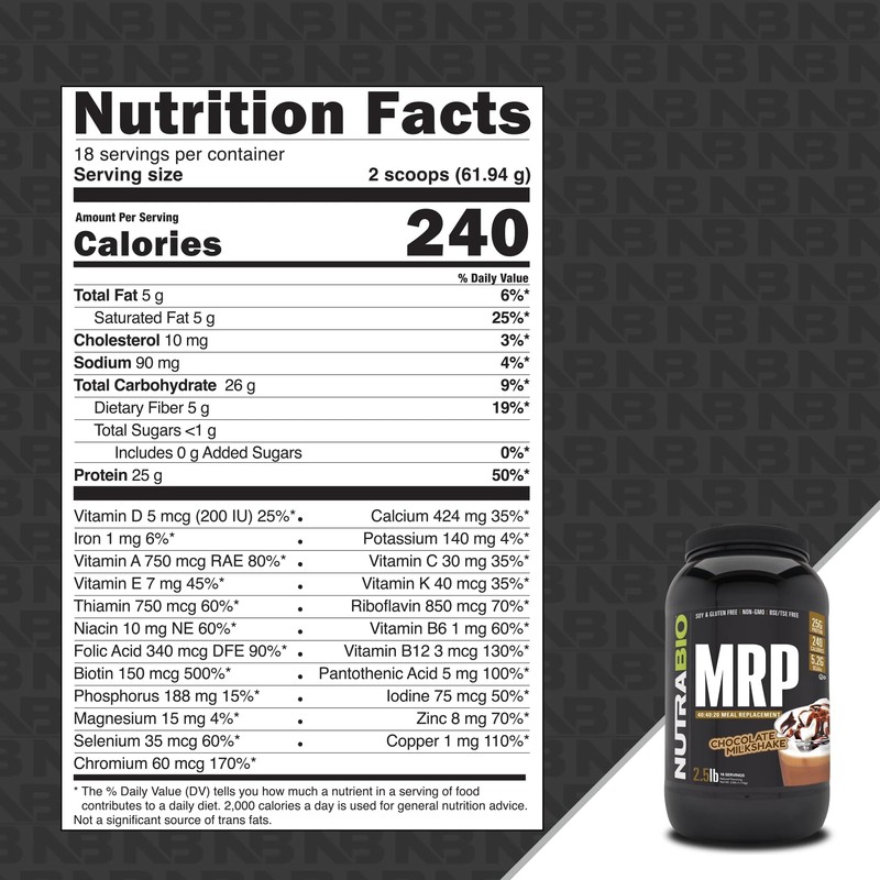 NutraBio MRP Complete Meal Replacement Protein Powder, Chocolate - 2.5lbs