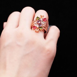 Uloveido Fashion Pear Cut Pink/White/Purple/Green/Yellow Created Tourmaline Rings, Flower October Birthstone Adjustable Rings Rose Gold Plated for Women Gift RJ134