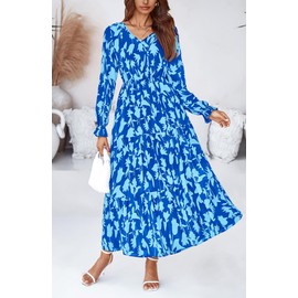 BTFBM Women Spring Dresses 2025 Casual Long Sleeve V Neck Maxi Dresses Floral Boho Long Dress Wedding Guest Dress(Dark Blue Light Blue Flower,Medium)