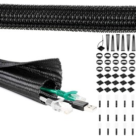 WOYINGER 1/2 inch 3×10ft Black Cord Hider, Protector Wire Loom Tubing Cable Management, Cord Organizer for PC TV Computer Desk Accessories Office Organization, Cable Organizer Protect Pet From Chewing