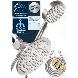 HammerHead Showers® ALL METAL Dual Shower Head Combo – BRUSHED NICKEL – 8 Inch Rainfall High Flow Shower Head & Handheld Shower Head High Pressure with Hose 6ft - Hotel-Like Double Shower Heads