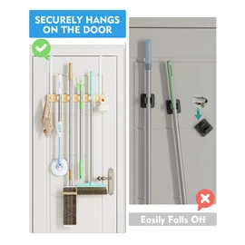 BS-VOG Over the Door Broom Holder, Mop and Broom Holder Door Mount, Hanging Organizer with 4 Racks & 2 Hooks, Wooden Hanger Storage Decor, Laundry Tool Organizer for Closet Garage, No Drills