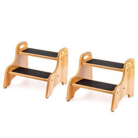 StrongTek 2 Pack Wooden 2 Step Stools for Kids & Adults, Non-Slip Surface, Skid-Resistant Foot Pads, 300 lbs Capacity, Portable with Handles, Safe & Sturdy Design for Kitchen, Bathroom, Bedroom, Home