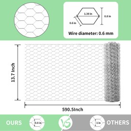Chicken Wire 13.7 in x 590.5 in Poultry Wire Netting Hexagonal Galvanized Mesh Garden Fence Barrier for Pet Rabbit Chicken Fencing with 100 Pcs Cable Zip Ties