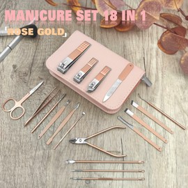 Manicure Set Professional Nail Clippers Kit Pedicure Care Tools With Zipped Bag For Women - 18 In 1 Grooming Tools Kit For Travel & Home（ROSE GOLD）
