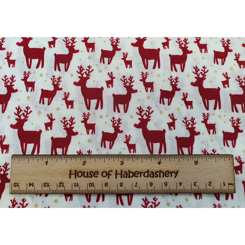 Christmas Fabric - Red Reindeers Stags on Off White -