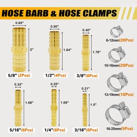 Brintek 30PCS Brass Hose Barb Fittings Splicer Mender 3/16” 1/4” 5/16” 3/8” 1/2” 5/8” with 55PCS Stainless Steel Hose Clamps for Fuel Gas Water Air