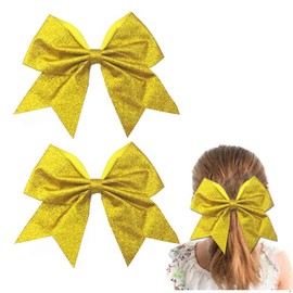 Large Glitter Gold Cheer bow, Hipcheer 8 Inch Large Jumbo Cheer Hair Bows Ponytail Holder Elastic Band Handmade for Cheerleaders Teen Girls College Sports