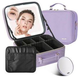 Mocado Travel Makeup Bag with LED Lighted Mirror,Travel Makeup Organizer,Makeup Case with 3 Color Lighted Setting and 10x Magnifying Mirror,Portable Storage and Adjustable Dividers Makeup Box(Purple)