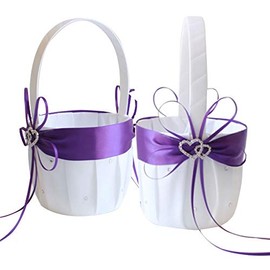 Awtlife Pack of 2 Purple Flower Girl Basket Double Heart Rhinestone Elegant for Wedding Ceremony Party Favour