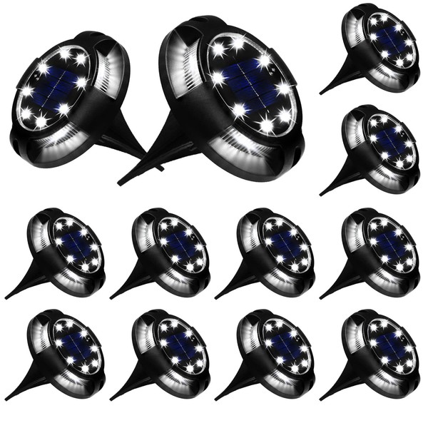 Solar Ground Lights Outdoor 12 Packs 12 LED Disk Lights Solar Powered Waterproof New In-ground Lights For Garden Deck Stair Step Lawn Patio Driveway Walkway Pathway Yard decoration(White Light,12PACK)