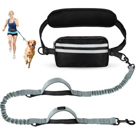 Yicostar Hands Free Dog Leash with Pouch, Adjustable Waist Belt with Double Padded Handles, Waist Leash for Dog Walking, Dog Leash with Bungee for Medium & Large Dog, Dog Walking Accessories, Olive