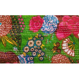 Indian Handmade Cotton Kantha Lime Green Fruit Print Threads Work Cushion Cover Throw Pillow Cases Decorative Pillows Cover Bohemian 16x16 Inches